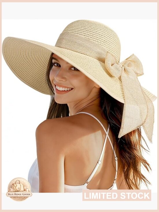 Sun Beach Straw Woven Hat Wide Brim Foldable Packable Adjustable Chin Strap UV main image 7